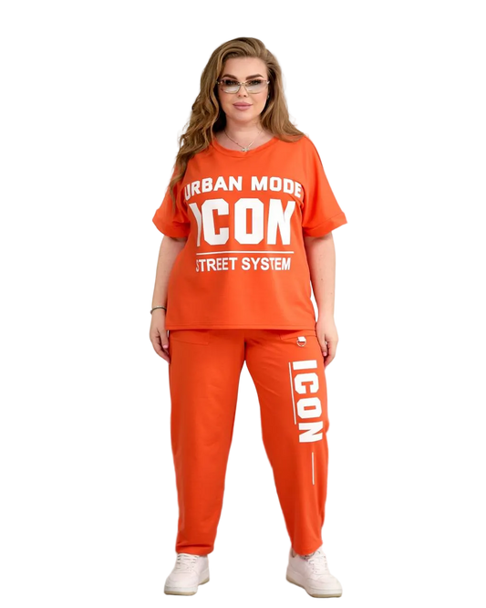 Orange Plus Size Tracksuit Women ICON Print Streetwear Two Piece Sports Set