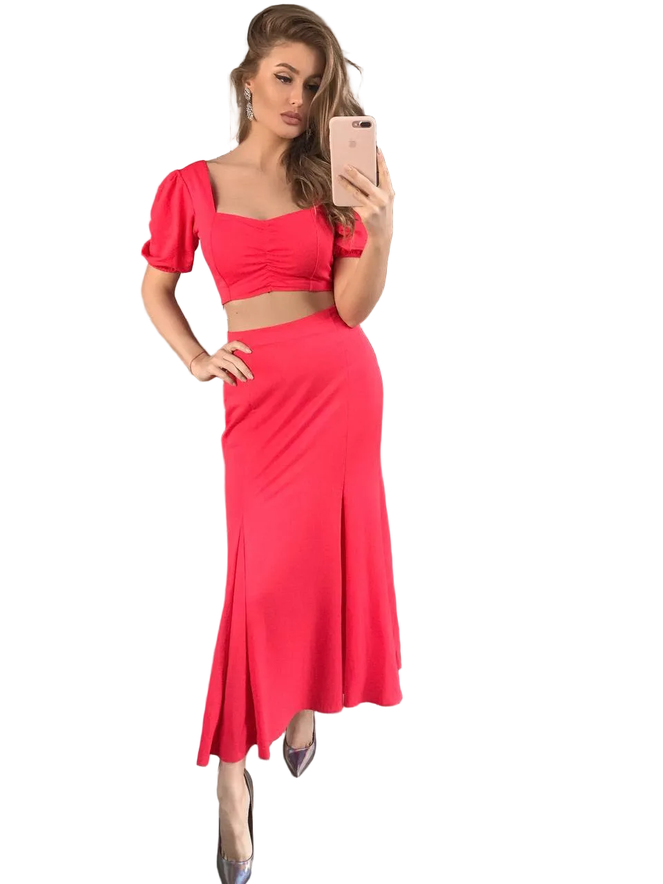 Coral Red Two Piece Womens Suit Crop Top And Maxi Skirt Suiting Lacoste
