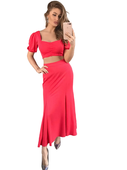 Coral Red Two Piece Womens Suit Crop Top And Maxi Skirt Suiting Lacoste