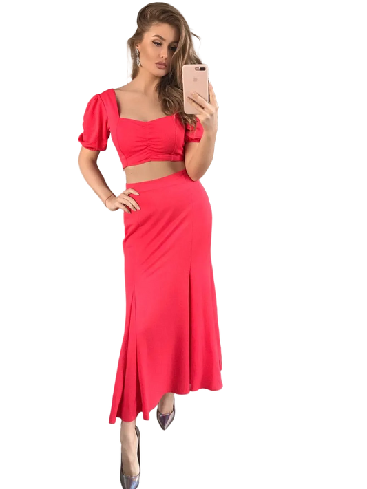 Coral Red Two Piece Womens Suit Crop Top And Maxi Skirt Suiting Lacoste