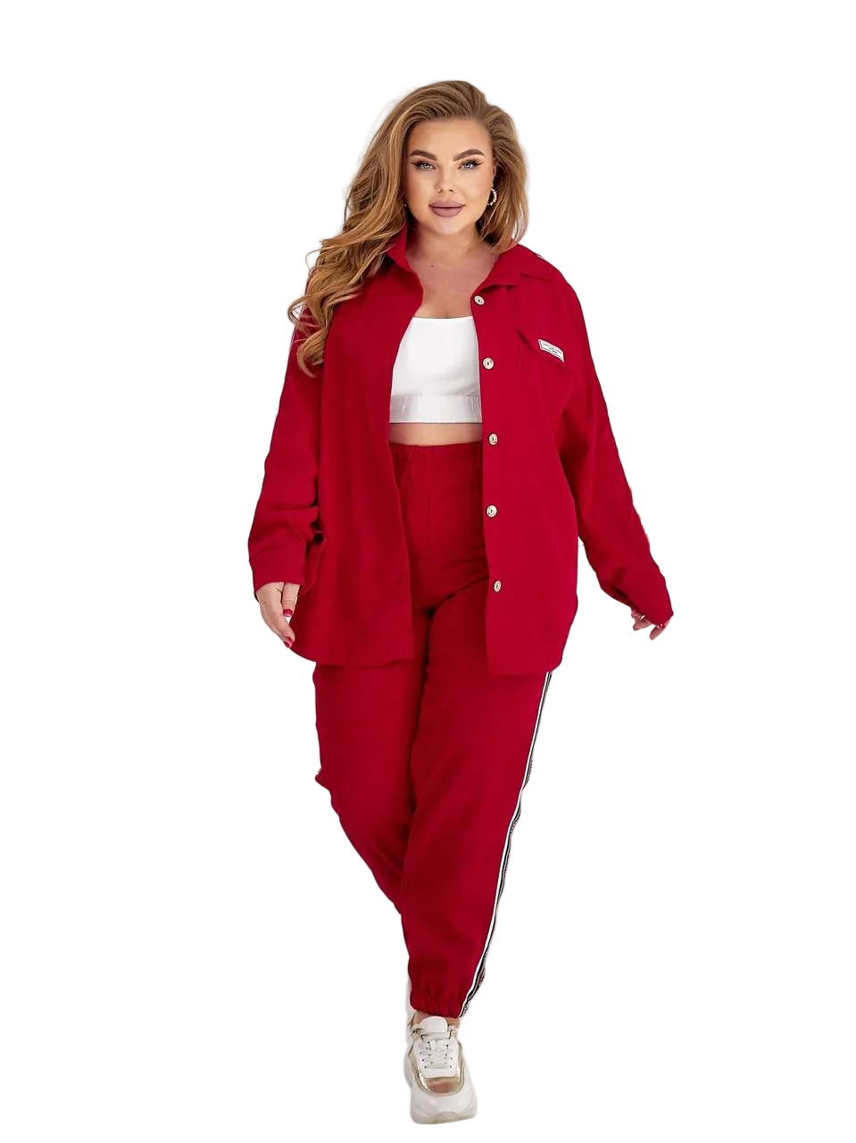 Red Womens Two Piece Casual Suit Button Shirt and Jogger Set with Side Stripe