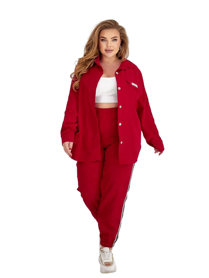 Red Womens Two Piece Casual Suit Button Shirt and Jogger Set with Side Stripe