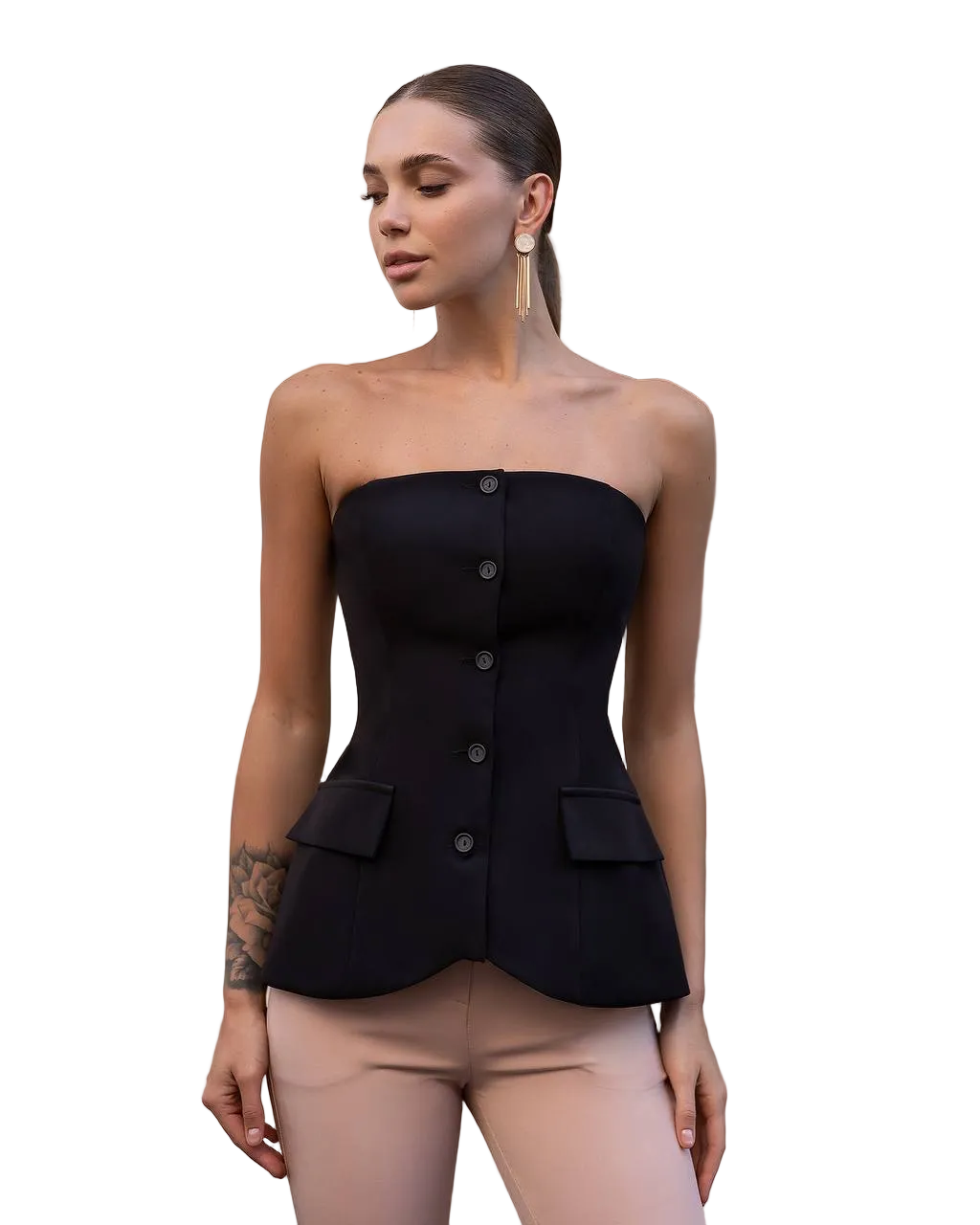Black Strapless Bustier Top Premium Suit Crepe Diagonal
