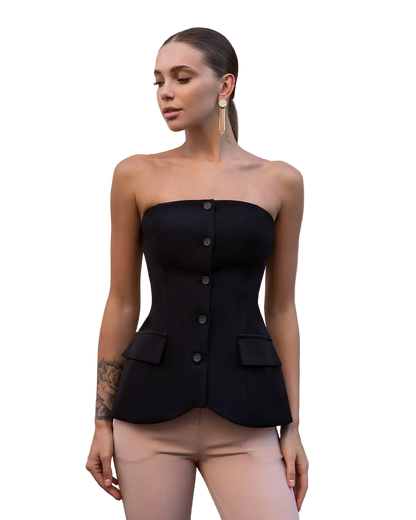 Black Strapless Bustier Top Premium Suit Crepe Diagonal