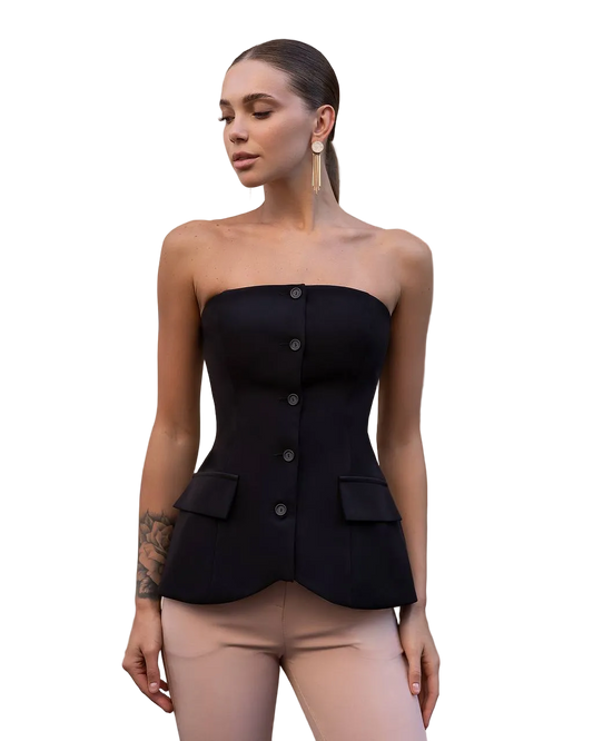 Black Strapless Bustier Top Premium Suit Crepe Diagonal