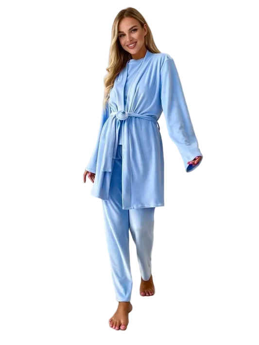 Women Three Piece Pajama Set Light Blue Soft Stretch Loungewear