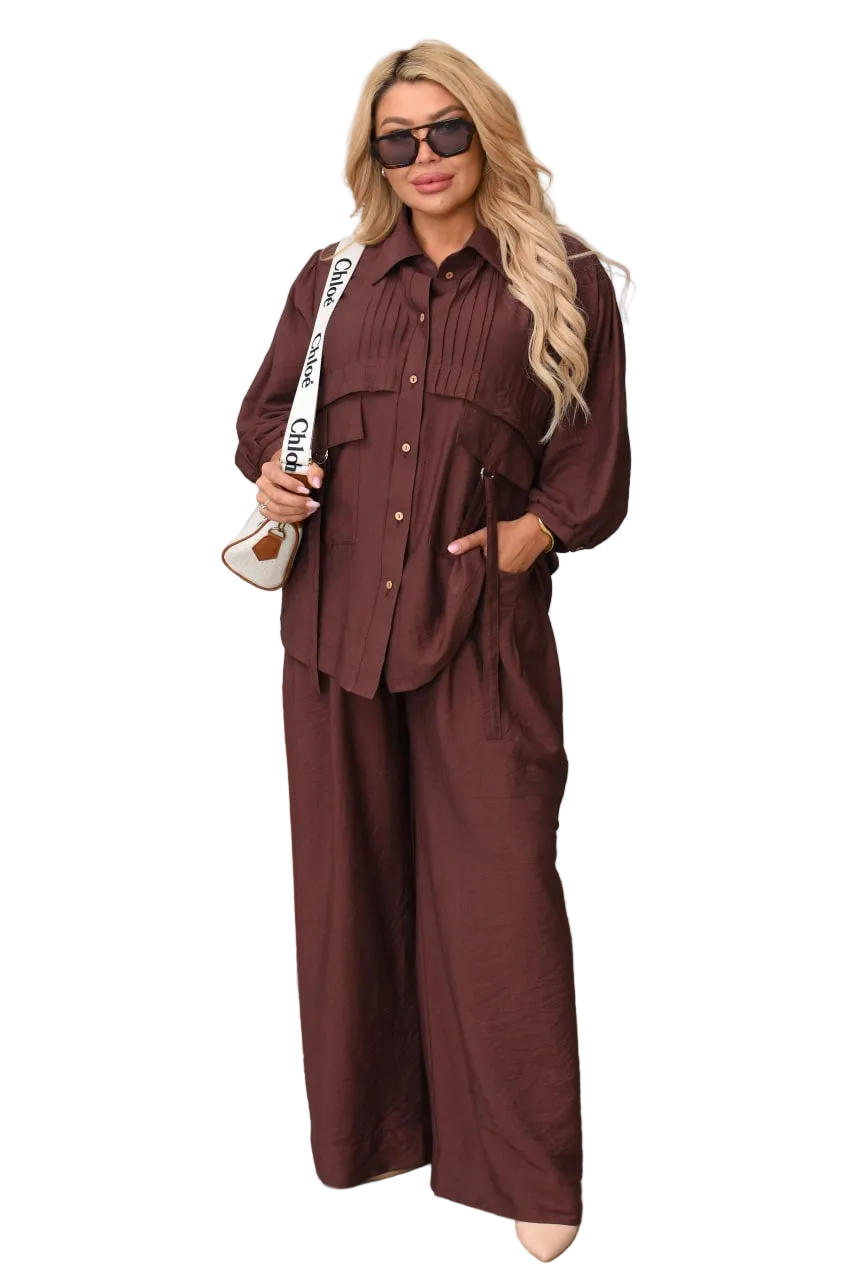 Women Crinkle Linen Two Piece Suit Brown Oversized Shirt Wide Leg Trousers
