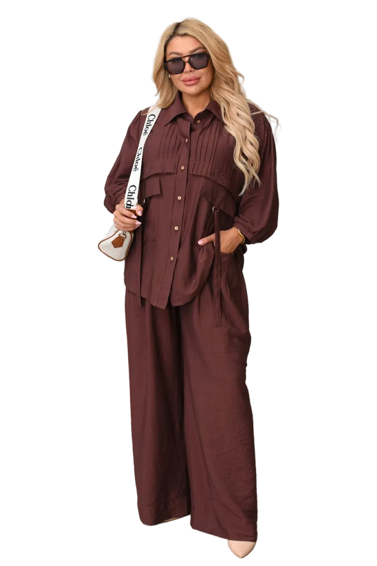 Women Crinkle Linen Two Piece Suit Brown Oversized Shirt Wide Leg Trousers