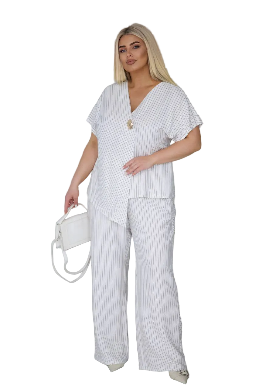 White Pinstripe Linen Two Piece Suit Plus Size V Neck Blouse Wide Leg Pants