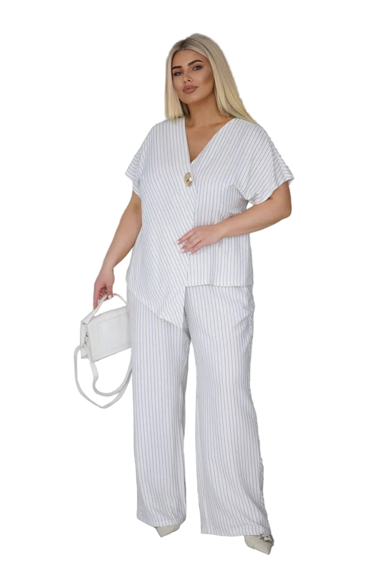 White Pinstripe Linen Two Piece Suit Plus Size V Neck Blouse Wide Leg Pants