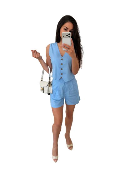 Women Linen Two Piece Vest and Shorts Set Sky Blue