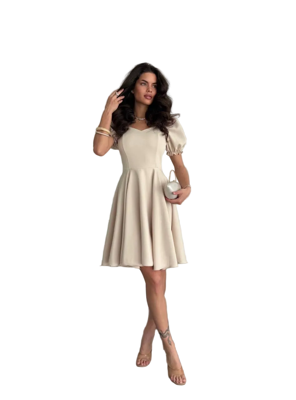 Beige Fit and Flare Dress Puff Sleeve Skater Dress Women Elegant Summer Dress