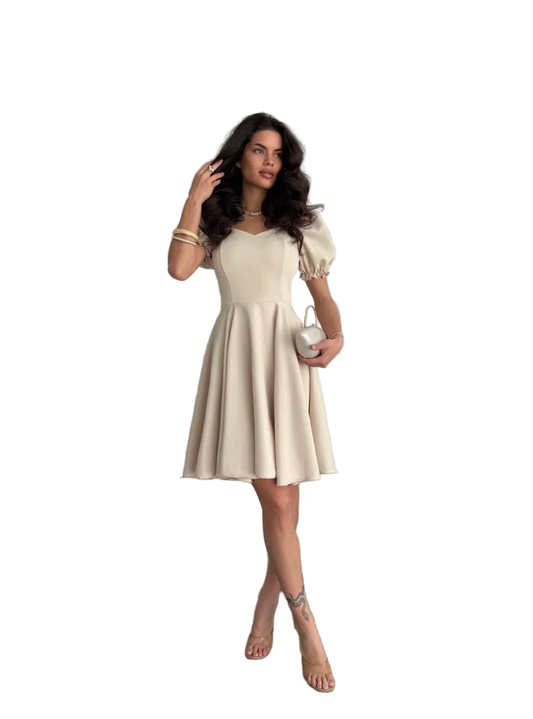 Beige Fit and Flare Dress Puff Sleeve Skater Dress Women Elegant Summer Dress