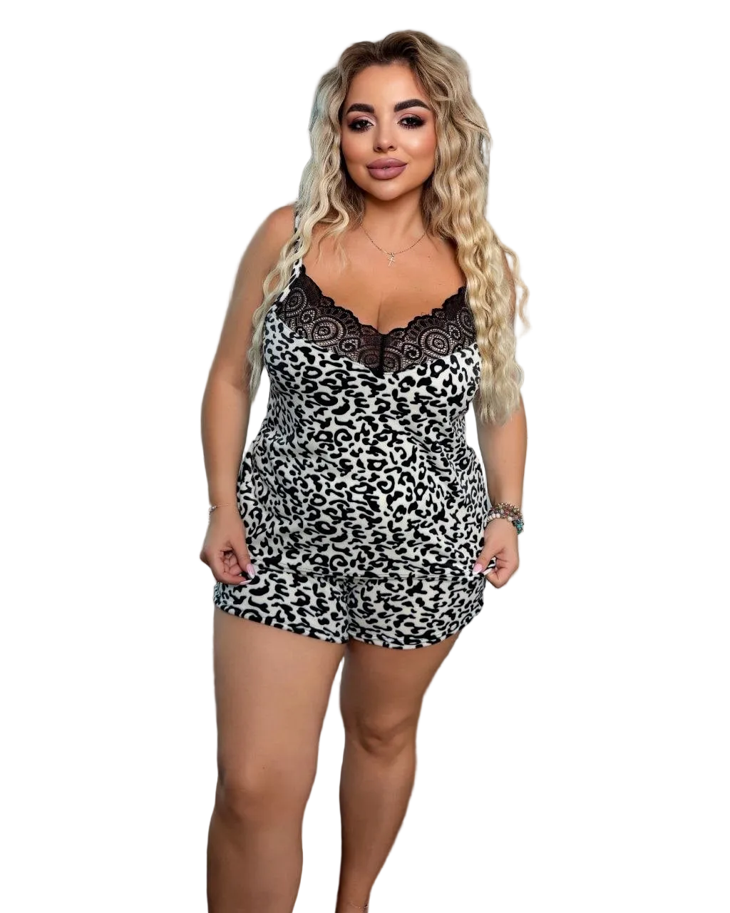 Women Leopard Print Lace Trim Pajama Set Black and White Soft Sleepwear