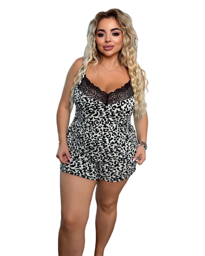Women Leopard Print Lace Trim Pajama Set Black and White Soft Sleepwear