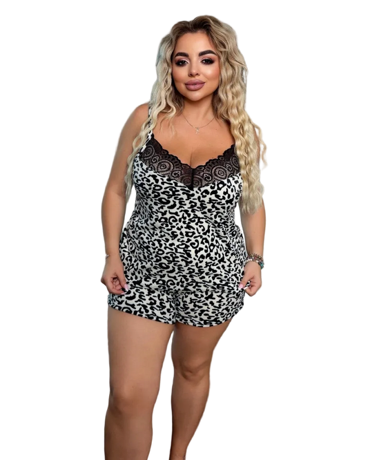 Women Leopard Print Lace Trim Pajama Set Black and White Soft Sleepwear