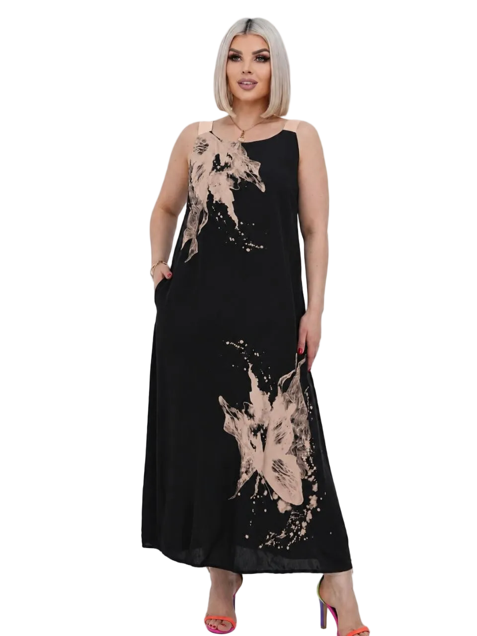 Plus Size Black Sarafan with Designer Print and Crisscross Back