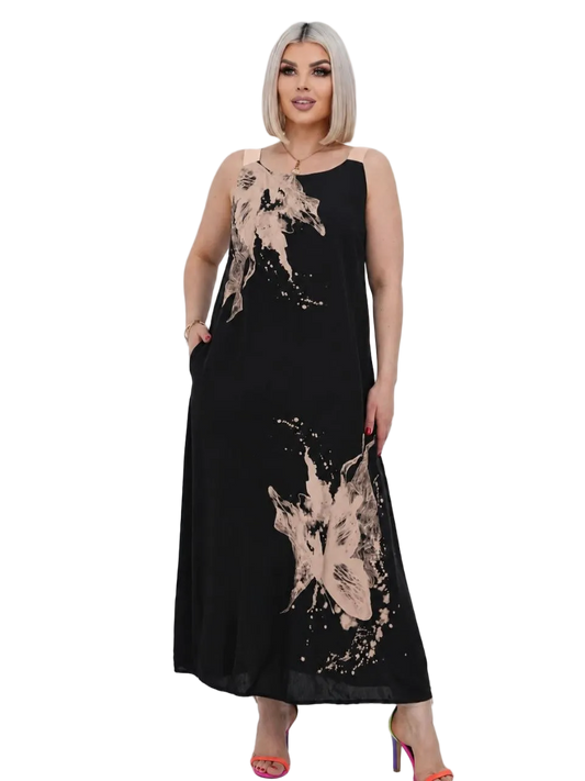Plus Size Black Sarafan with Designer Print and Crisscross Back
