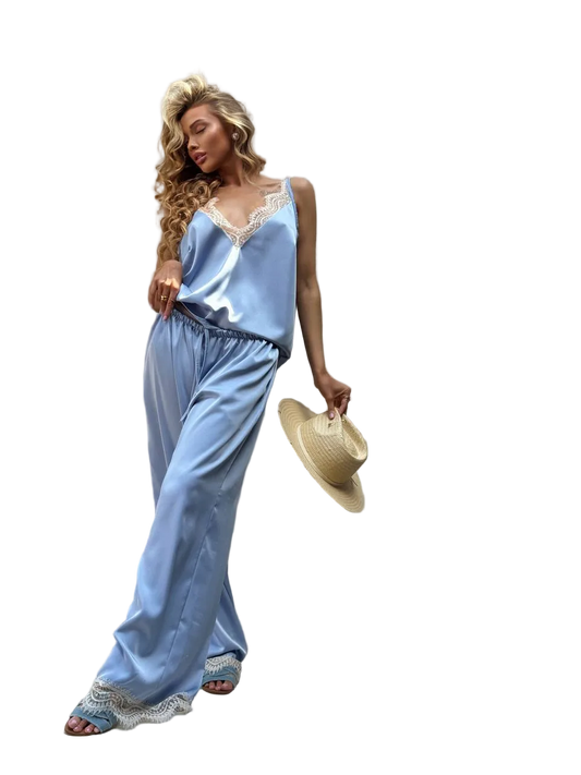 Womens Silk Two Piece Set Light Blue Lace Trim Camisole Wide Leg Pants