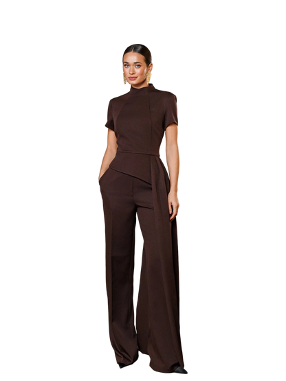 Chocolate Basque Suit and Wide Leg Pants in Premium Diagonal Crepe