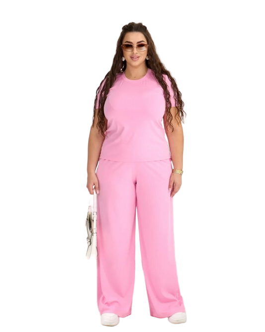Pink Women Tracksuit Microdiving T Shirt and Wide Leg Pants Casual Set