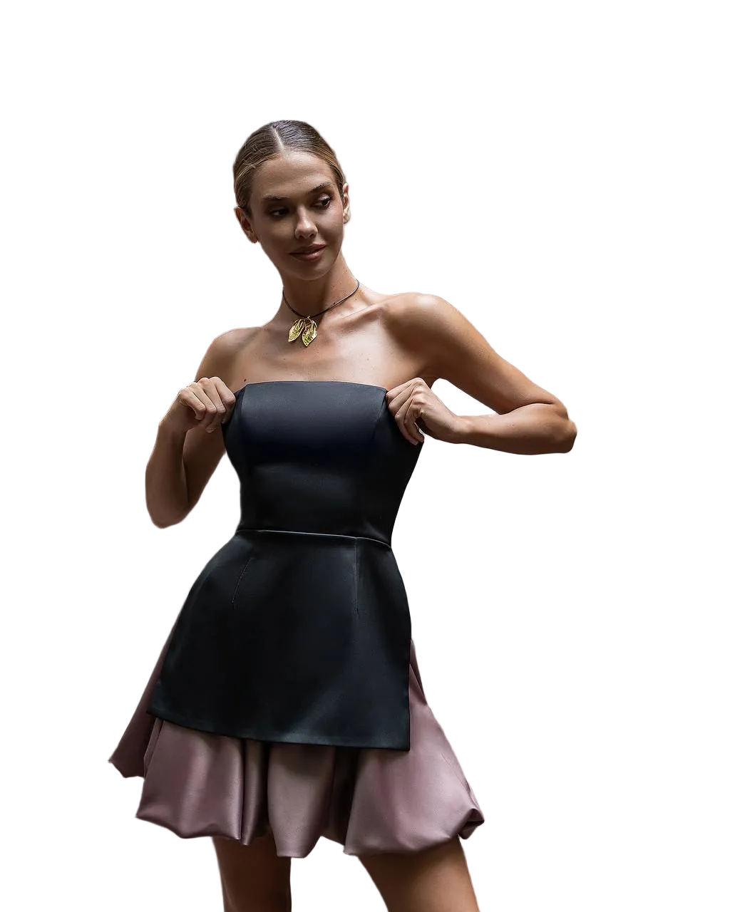 Premium Mango Satin Mini Skirt Dusty Mauve with Black Peplum Overlay