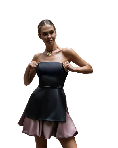 Premium Mango Satin Mini Skirt Dusty Mauve with Black Peplum Overlay