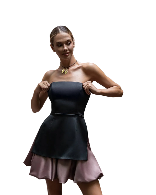 Premium Mango Satin Mini Skirt Dusty Mauve with Black Peplum Overlay