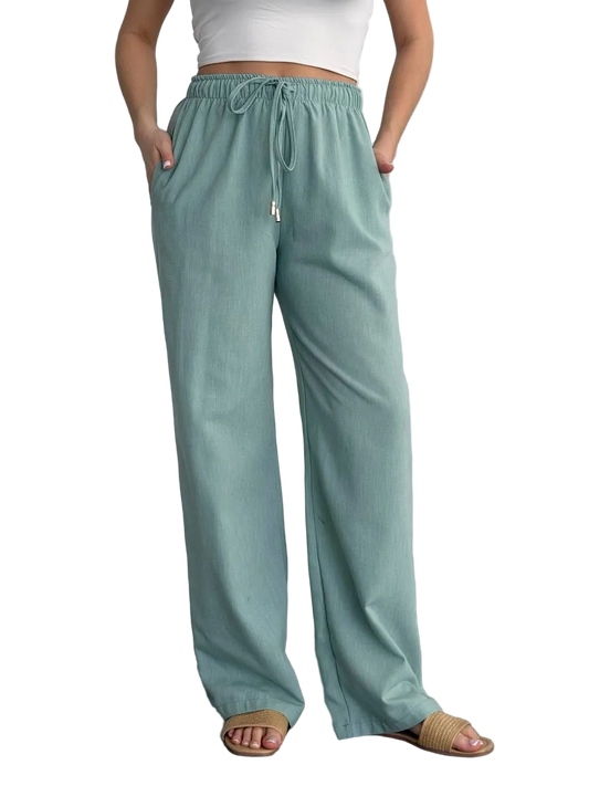 Womens Linen Wide Leg Trousers Mint Relaxed Fit Elastic Waist