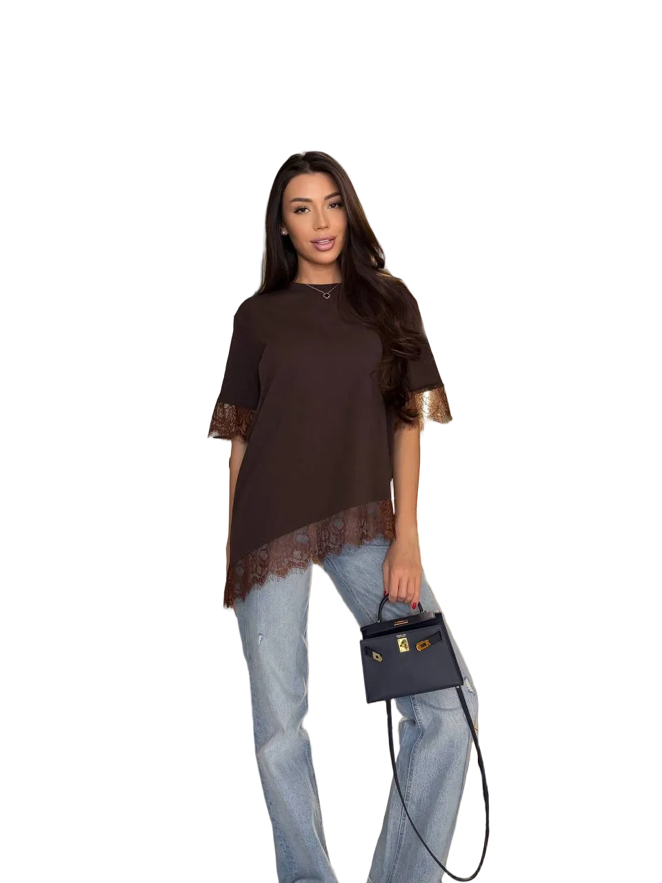 Womens Lace Trim Brown T Shirt Turkish Cotton Asymmetric Hem