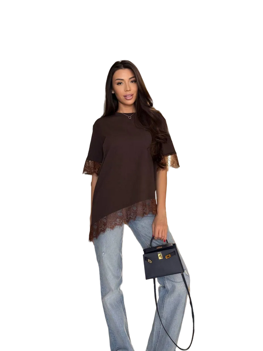 Womens Lace Trim Brown T Shirt Turkish Cotton Asymmetric Hem
