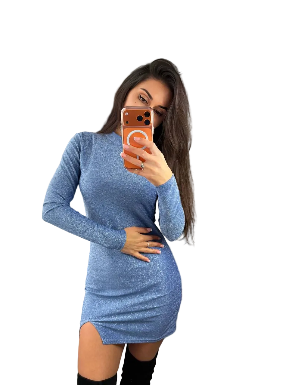 Blue Lurex Bodycon Mini Dress Long Sleeve Shimmer
