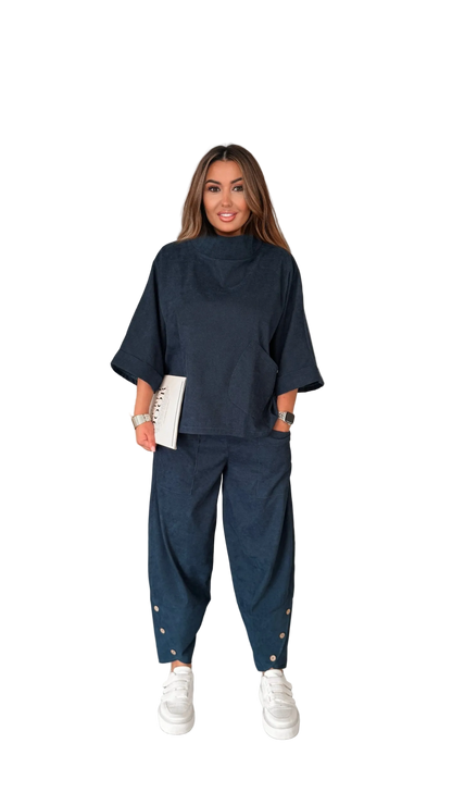 Boho Two Piece Suit for Women Navy Blue Relaxed Top and Elastic Waist Pants