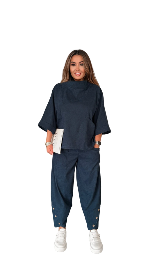 Boho Two Piece Suit for Women Navy Blue Relaxed Top and Elastic Waist Pants
