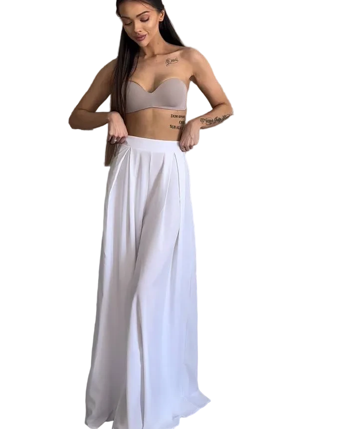 White High Waist Palazzo Trousers Wide Leg Flowy Summer Pants