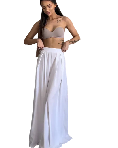 White High Waist Palazzo Trousers Wide Leg Flowy Summer Pants