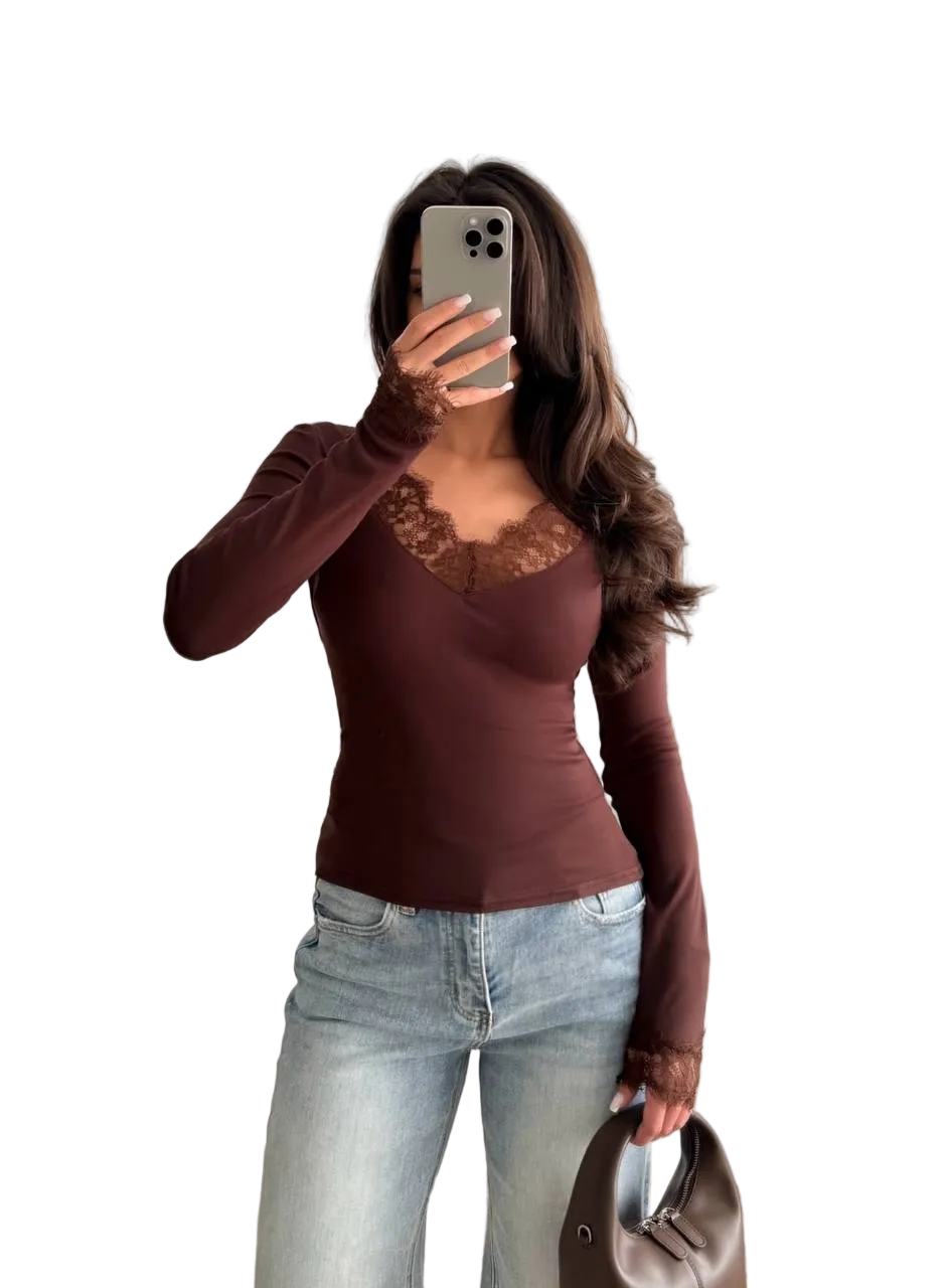 Viscose Lace Slim Fit Blouse Koftinka Brown Long Sleeve Elegant Top