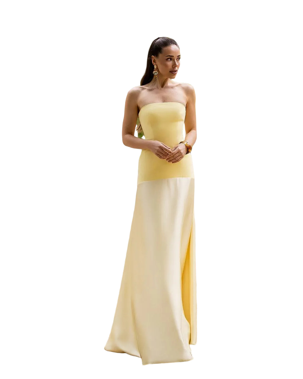 Yellow Strapless Slip Dress Satin Panel Evening Gown