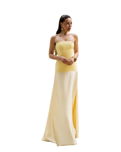 Yellow Strapless Slip Dress Satin Panel Evening Gown
