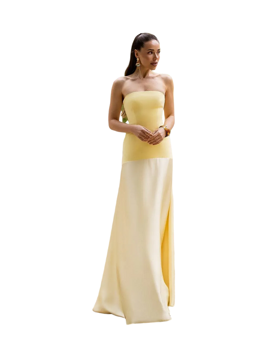 Yellow Strapless Slip Dress Satin Panel Evening Gown