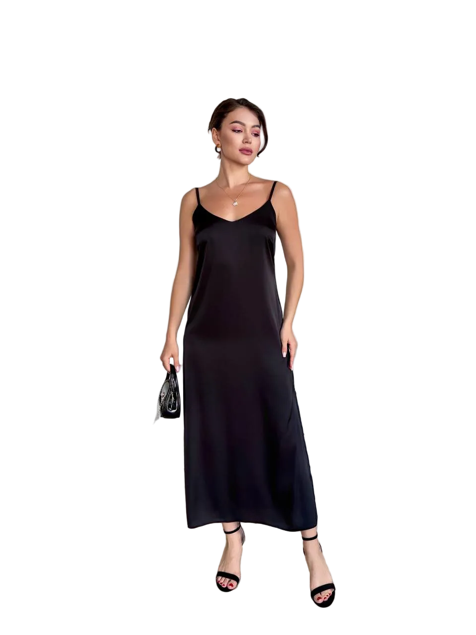 Black Satin Slip Midi Dress V Neck Adjustable Straps Sarafan