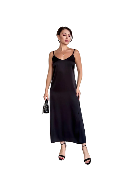 Black Satin Slip Midi Dress V Neck Adjustable Straps Sarafan