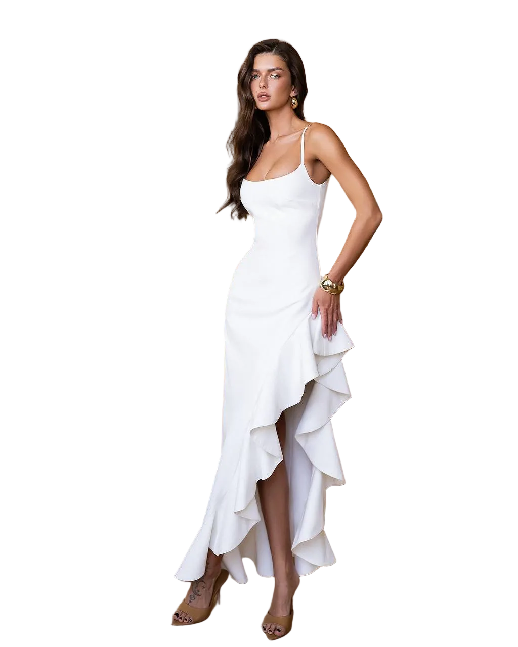 White Asymmetrical Ruffle Dress Suit Crepe Diagonal