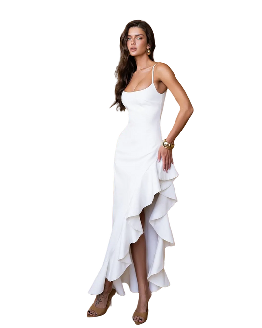 White Asymmetrical Ruffle Dress Suit Crepe Diagonal