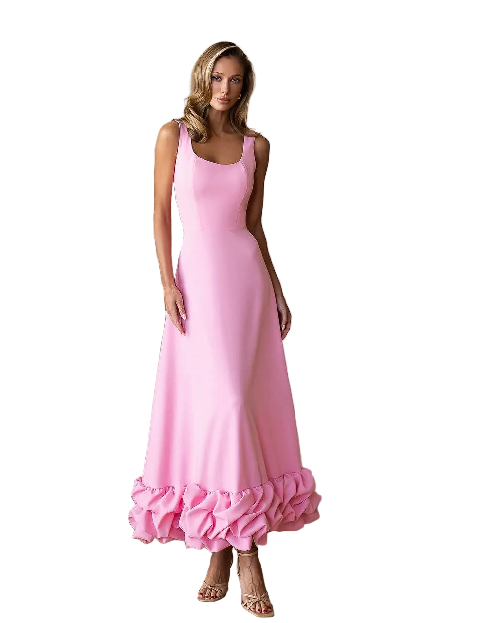 Pink Crepe Maxi Dress Ruffle Hem Evening Gown
