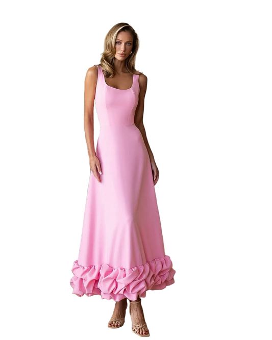 Pink Crepe Maxi Dress Ruffle Hem Evening Gown