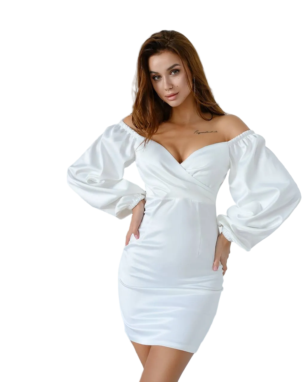 Womens Satin Off Shoulder Mini Dress with Puff Sleeves