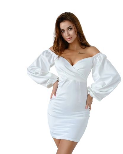 Womens Satin Off Shoulder Mini Dress with Puff Sleeves