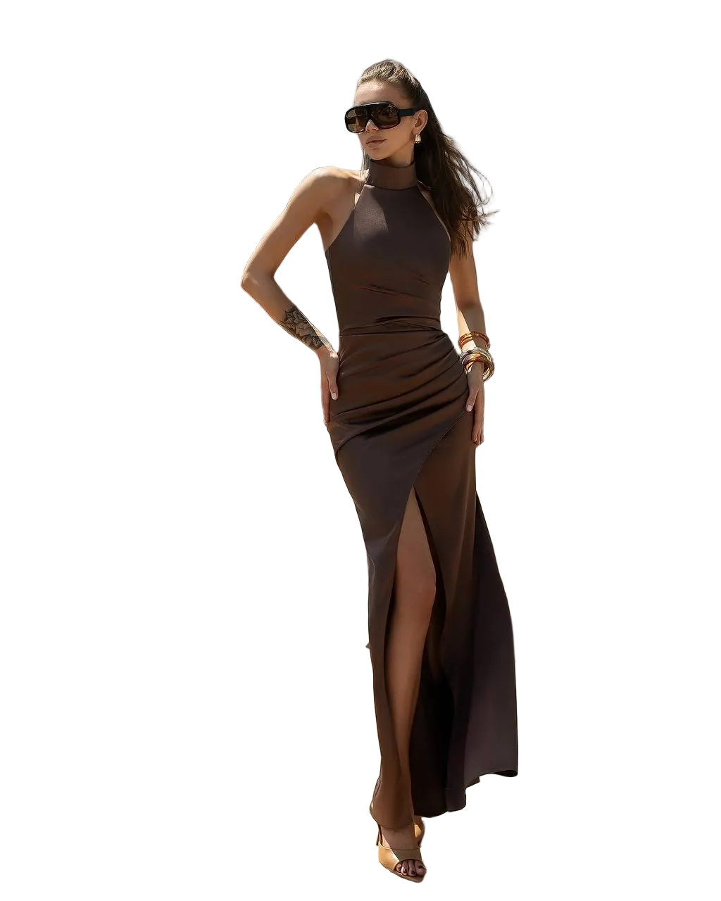Chocolate Brown Satin Halter Evening Dress Long Slit Gown