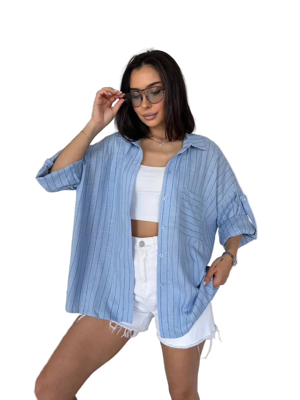 Light Blue Striped Oversized Shirt for Women Loose Fit Button Up Roll Sleeve
